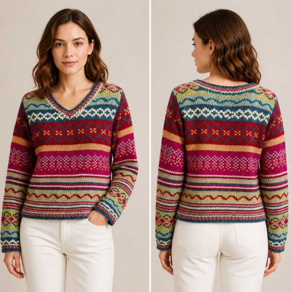 VTG Real Comfort Fair Isle Sweater Colorful Chunky Knit Pullover 90s Korea Sz S